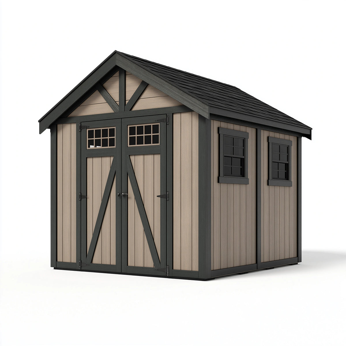 Abri de jardin 244 x 244 x 246 cm en résine taupe anthracite à double porte style grange
