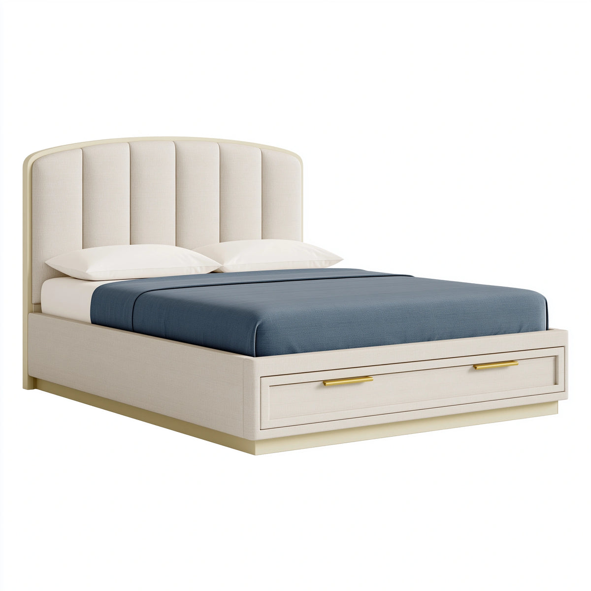 Lit double 160 x 200 cm en tissu crème avec rangements style contemporain