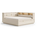 Lit avec rangement 160 x 200 cm en panneaux de bois beige avec éclairage intégré contemporain