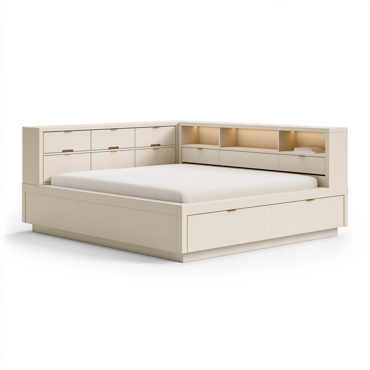 Lit avec rangement 160 x 200 cm en panneaux de bois beige avec éclairage intégré contemporain