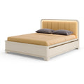 Lit double 160 x 200 cm en panneaux aspect bois blanc avec tête de lit capitonnée et rangement