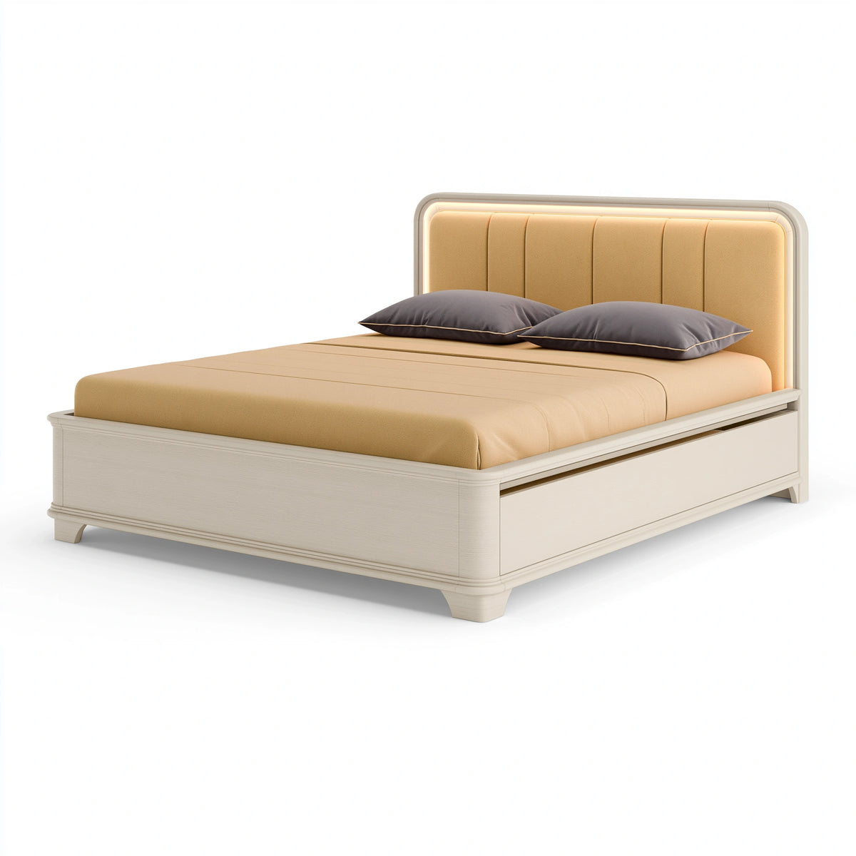 Lit double 160 x 200 cm en panneaux aspect bois blanc avec tête de lit capitonnée et rangement
