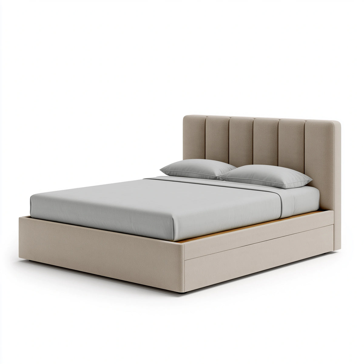 Lit coffre 160 x 200 cm en tissu beige avec tête de lit capitonnée style contemporain