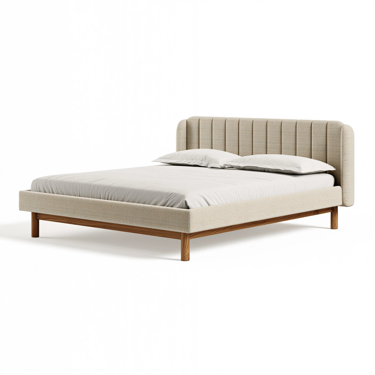 Lit double 160 x 200 cm en tissu beige avec structure en bois style contemporain