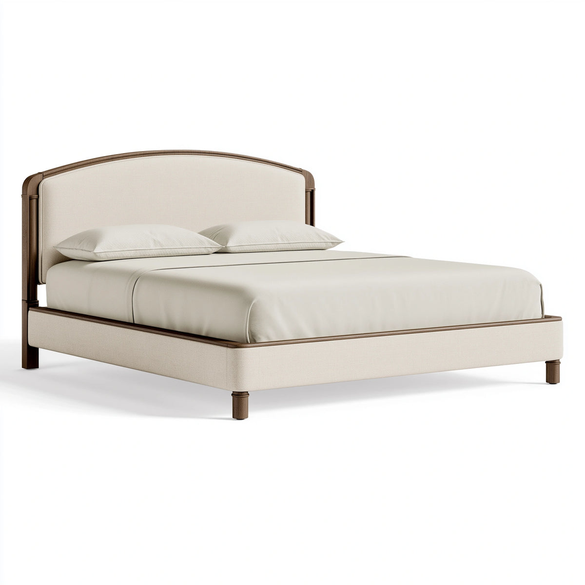 Lit 160 x 200 cm en tissu beige et bois brun - cadre rembourré style contemporain
