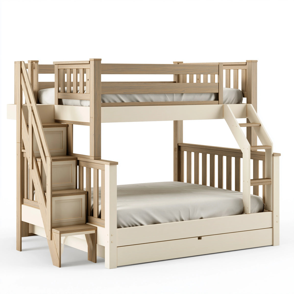 Lit superposé 90 x 190 cm en bois beige/naturel avec escalier de rangement