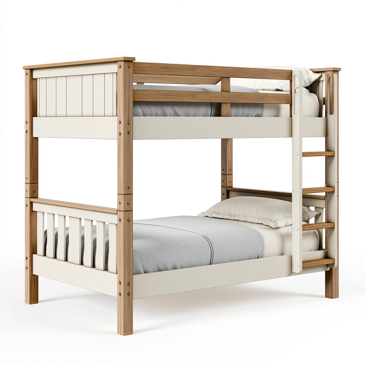 Lit superposé 90 x 200 cm en bois blanc et bois naturel avec échelle