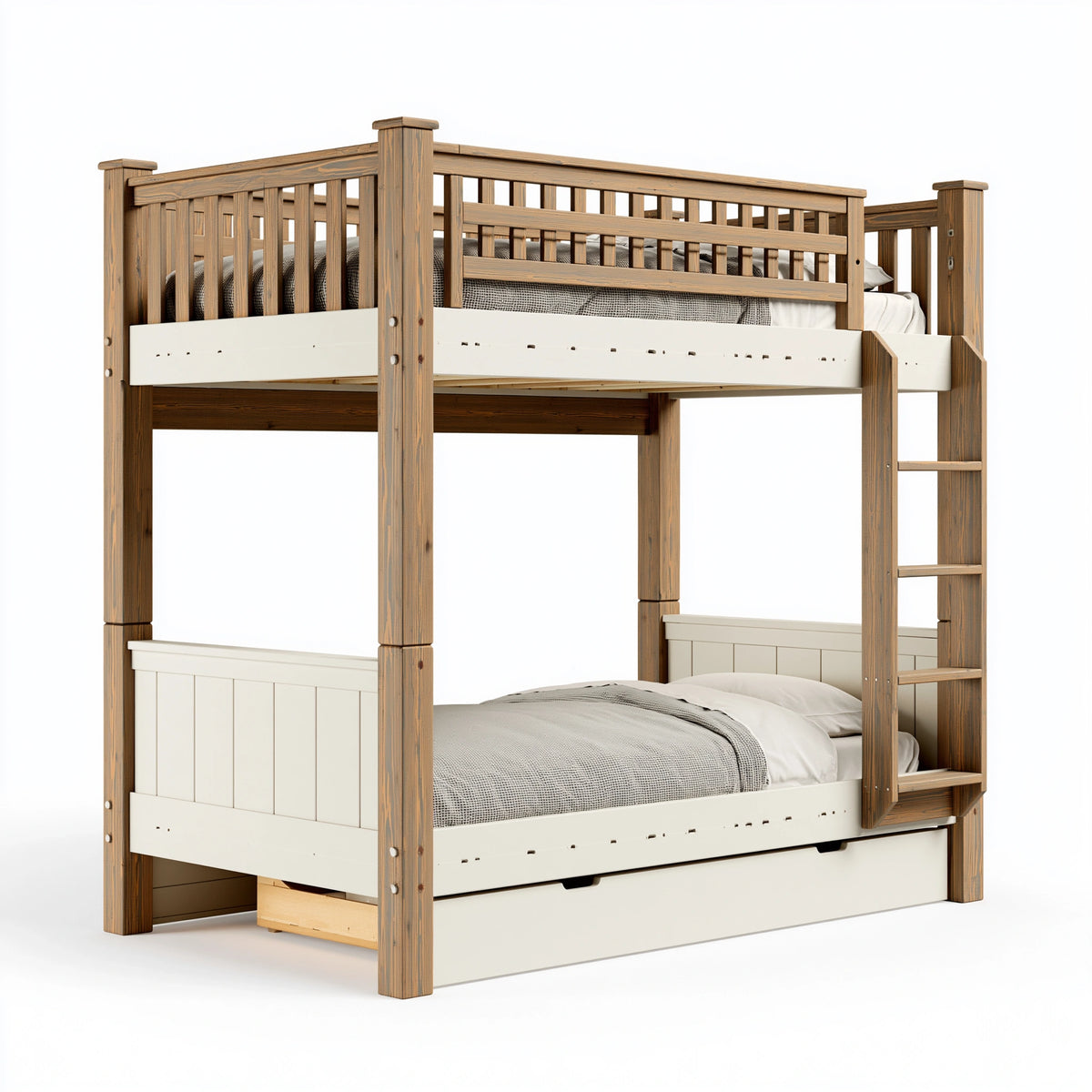 Lit superposé 90 x 190 cm en bois brun et blanc cassé avec échelle et barrières