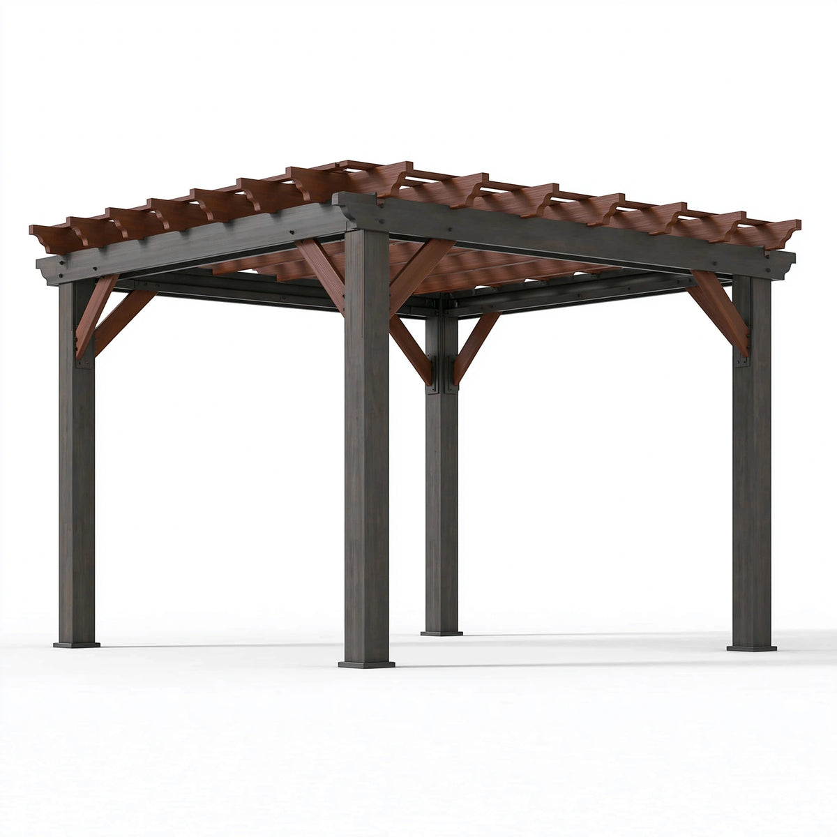 Pergola de jardin 300 x 300 x 240 cm en bois brun et gris anthracite à toit ajouré