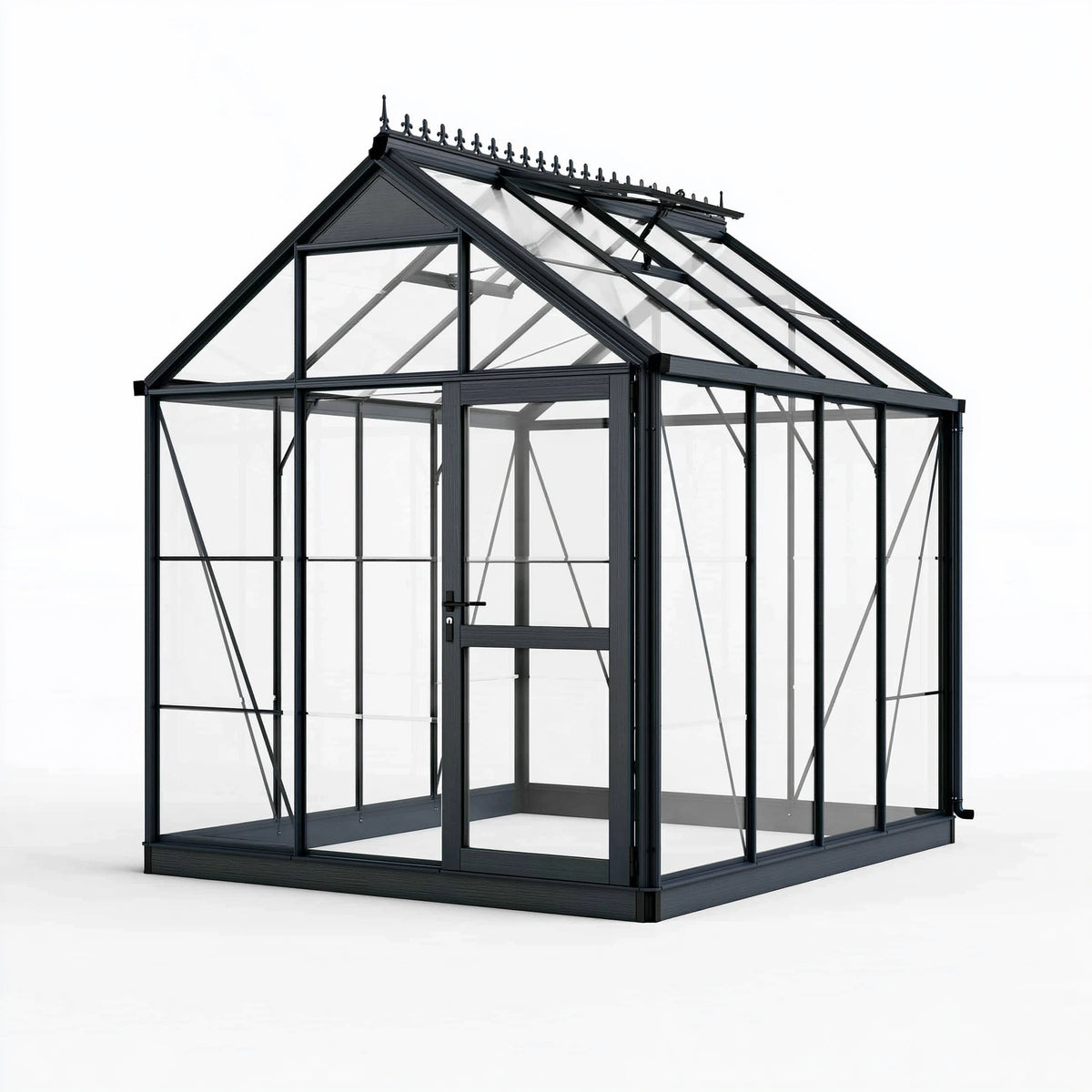 Serre de jardin 240 x 240 x 300 cm en métal noir et verre avec porte battante style victorien