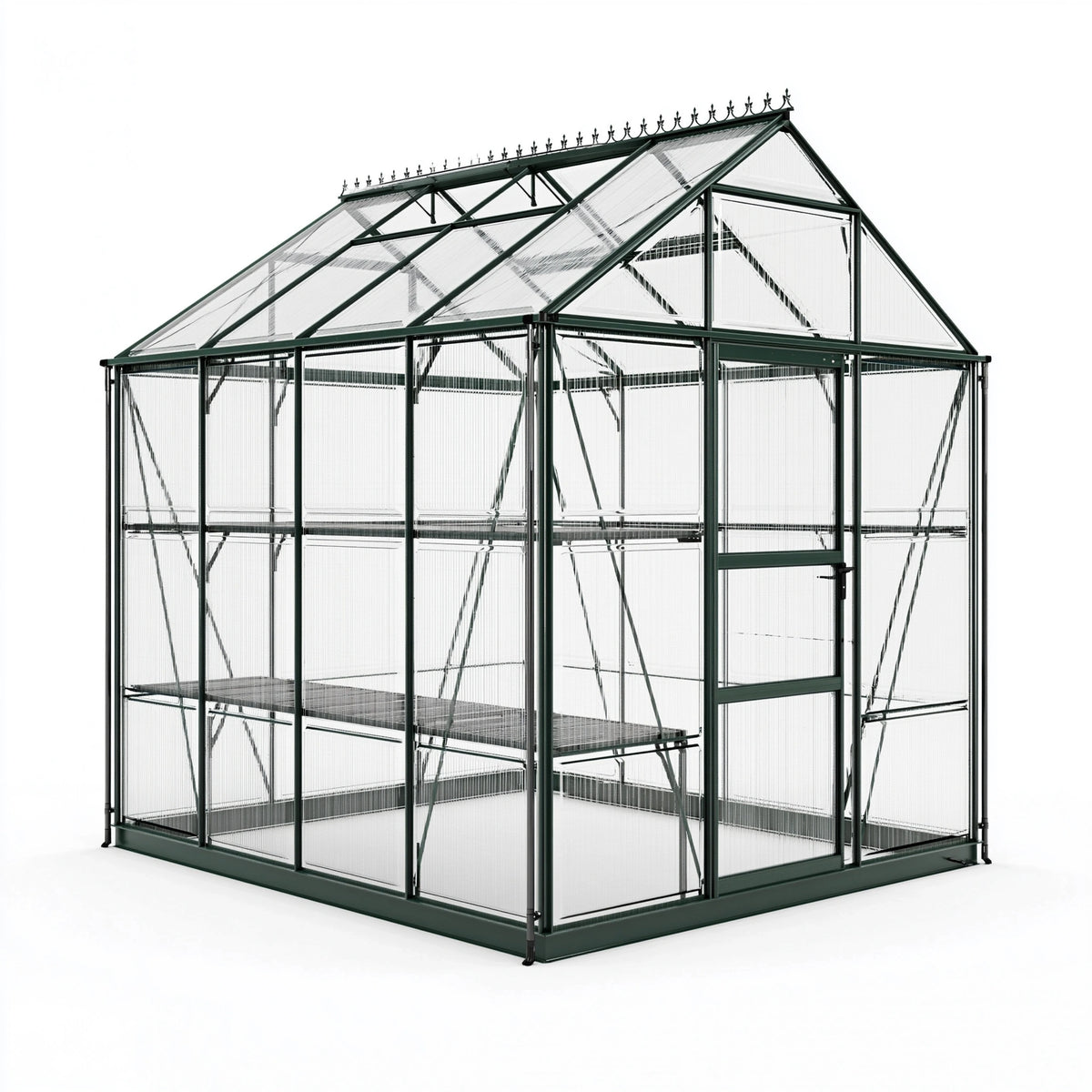 Serre de jardin 190 x 190 x 195 cm en aluminium vert avec panneaux transparents et étagères