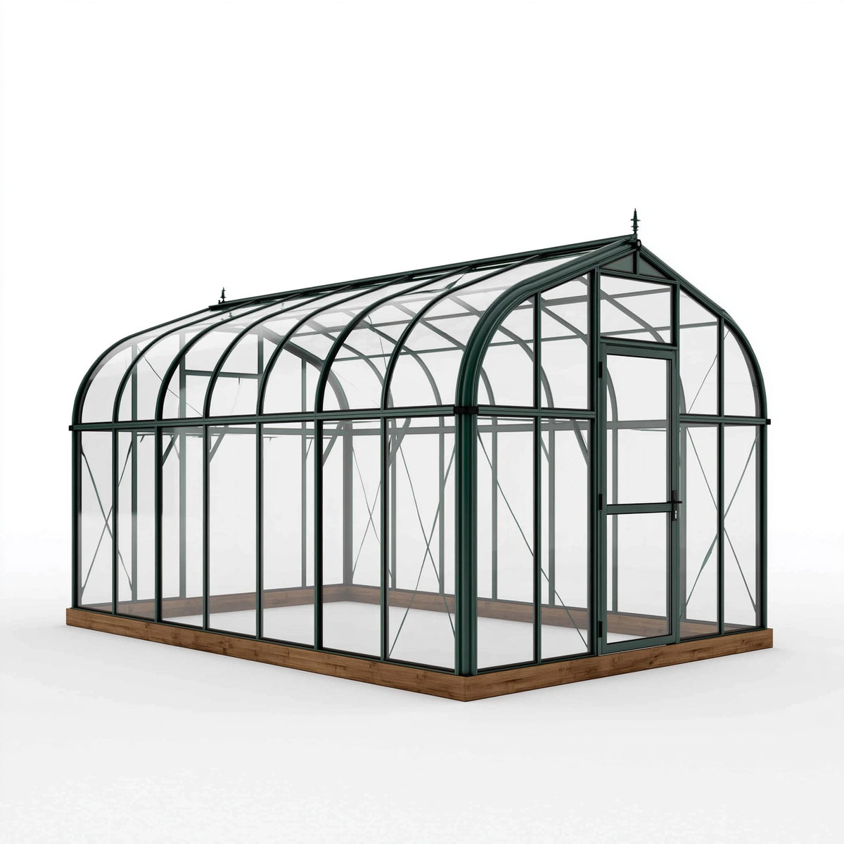 Serre de jardin 400 x 300 x 300 cm en verre et métal vert avec toit cintré